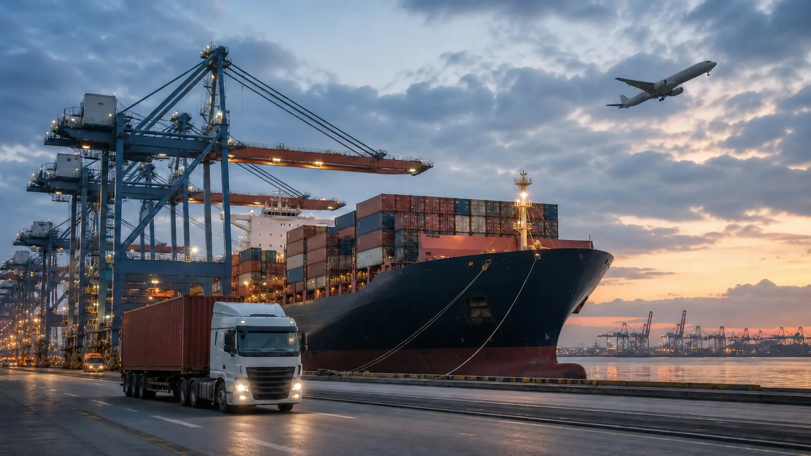 Container vessel, cargo truck, and aircraft operating through one multimodal port