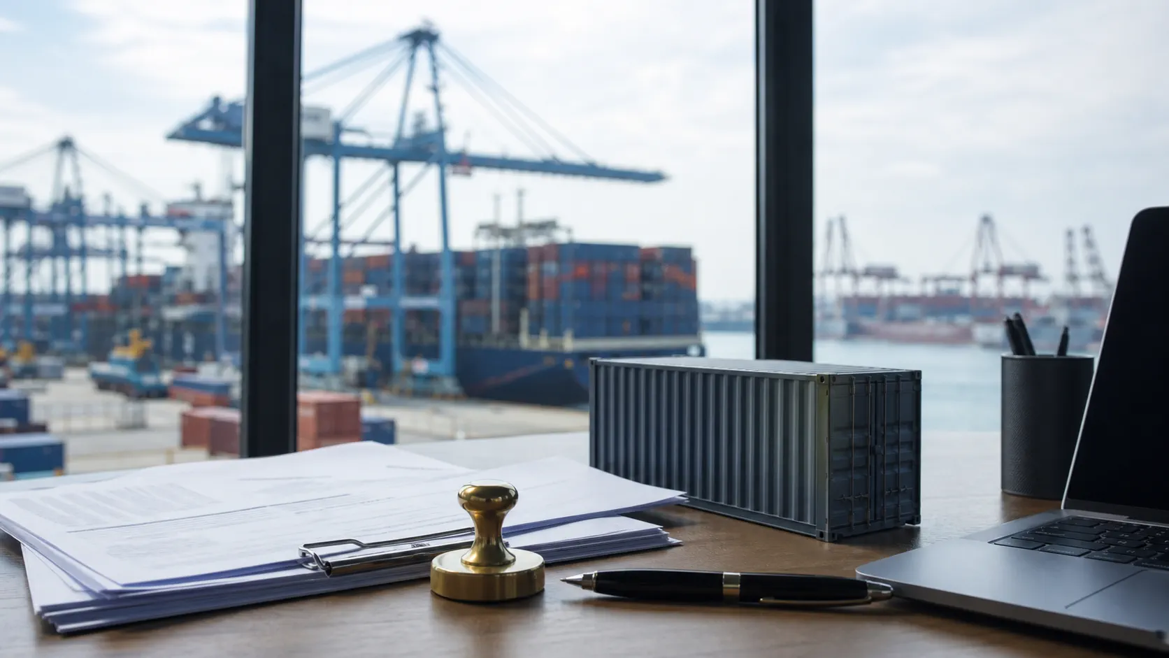 Shipping documents and a model container overlooking a working port