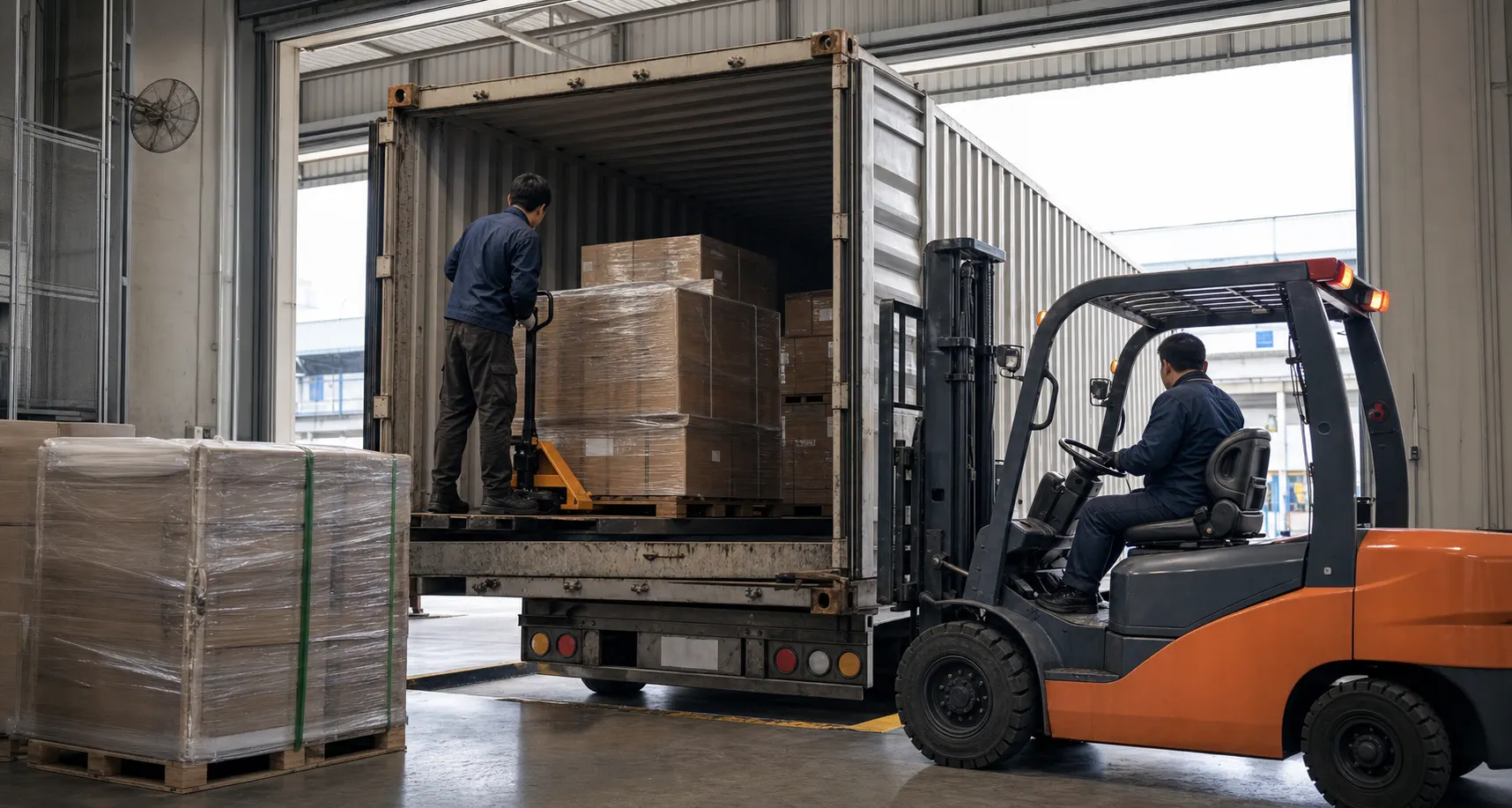 Warehouse team consolidating palletised cargo into a shipping container