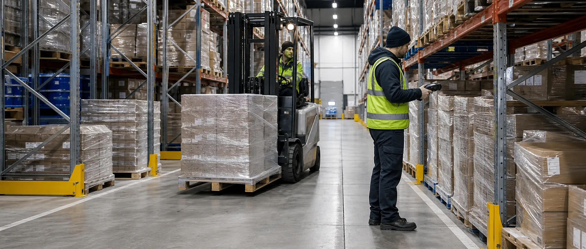 Warehouse team scanning inventory while a forklift moves palletised cargo