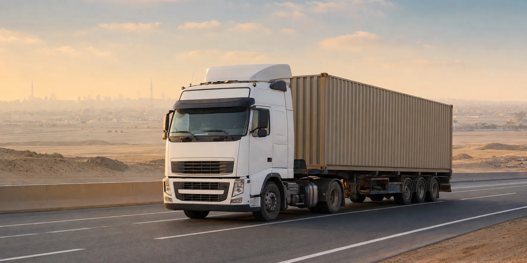 Container truck travelling on an Egyptian desert highway